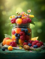 Fresh fruit and blossoms arranged in a jar surrounded by vibrant colors on a sunny day