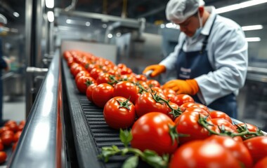 Fresh Tomatoes on Production Line in Industrial Food Processing Facility
