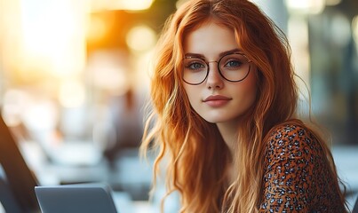 Young Woman With Red Hair And Glasses Using Tablet In Cafe