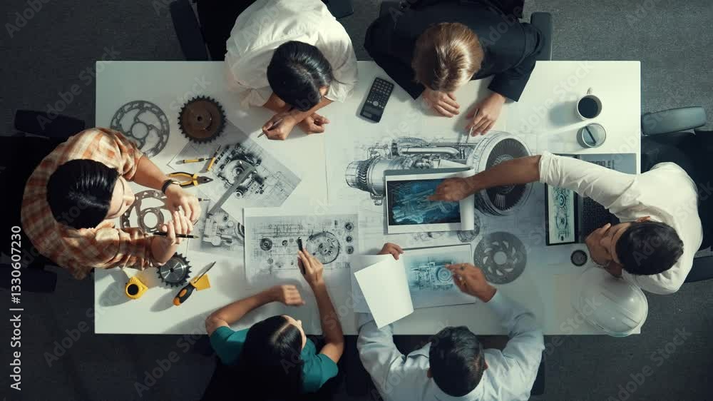 Poster top view of smart engineer team in casual cloth talking about turbine engine structure at table with