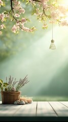 Fototapeta premium Spring day at a tranquil garden table with flowers and candlelight in soft sunlight
