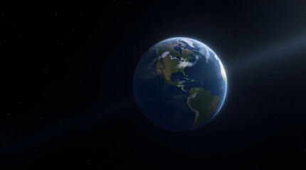 Realistic Earth Planet in Space - Blue Globe with Continents North and South America - Sunlight Ray - Detailed View of World from Space in Dark Starry Universe