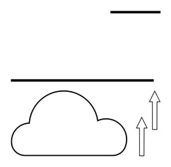Cloud with two vertical arrows symbolizing data upload, horizontal lines representing the internet and separation. Ideal for data transfer, technology, connectivity, cloud computing, internet
