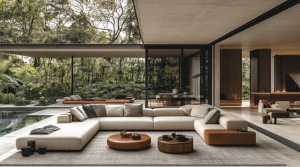 Modern outdoor sectional sofa with low coffee tables, situated on a patio overlooking a pool and lush greenery
