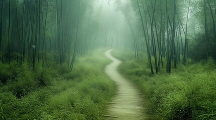 Obraz premium Serene Bamboo Forest Path: A Misty Morning Walk