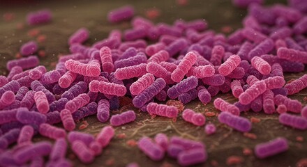 Obraz premium Microscopic View of Rod-shaped Bacteria Cells in Pink and Purple Tones