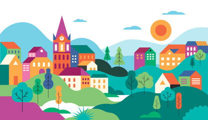 Colorful Countryside Landscape. Scenic Village with Hills, Trees, and Traditional Houses.