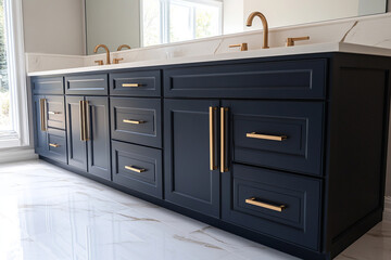 a beautiful master bathroom with navy blue shaker cabinets with two large sink cabinets and a large 3 drawer cabinet between them with white quartz with gold veins and gold bar pulls on the cabinets i