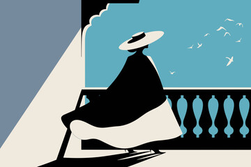 Stylized illustration of a woman in a wide-brimmed hat against a turquoise background with a flowing skirt