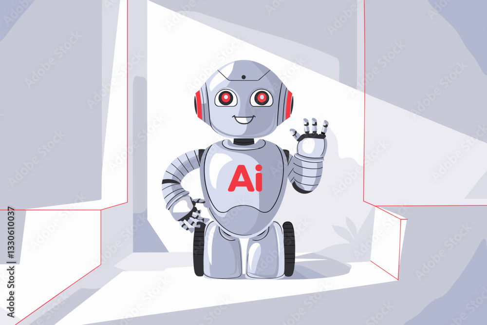 Poster cheerful cartoon robot character with red accents, showcasing artificial intelligence in a modern se