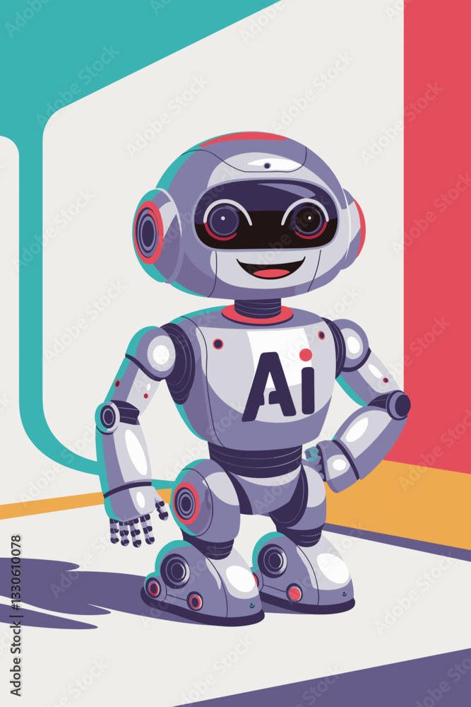 Poster colorful vector illustration of a friendly ai robot with a vibrant background and modern design