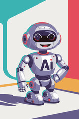 Colorful vector illustration of a friendly AI robot with a vibrant background and modern design
