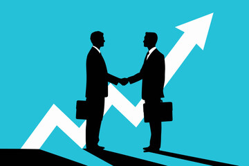 Silhouetted businessmen shaking hands against a blue background with an upward trend arrow design