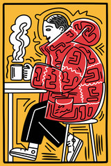 Vibrant vector illustration of a person in a patterned red coat sipping coffee against a yellow background