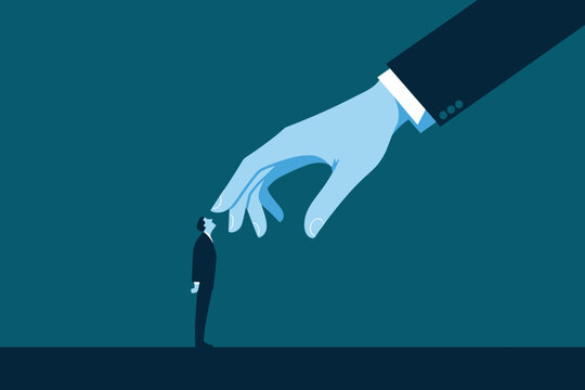 Conceptual illustration of a giant hand reaching for a businessman on a dark background, blue tones