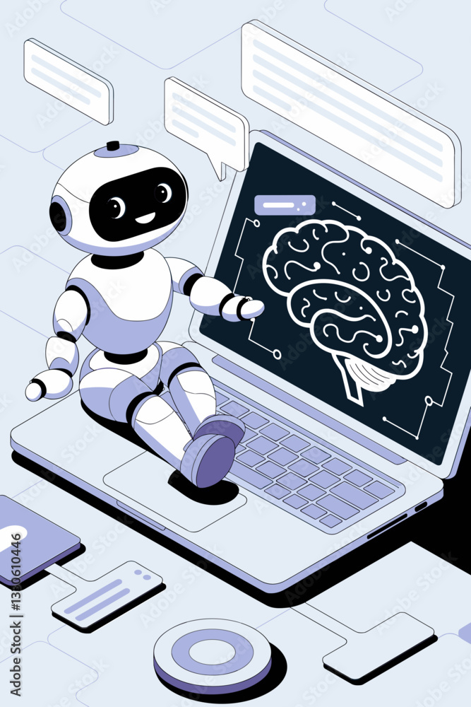 Poster playful robot character interacting with a laptop display showcasing artificial intelligence concept