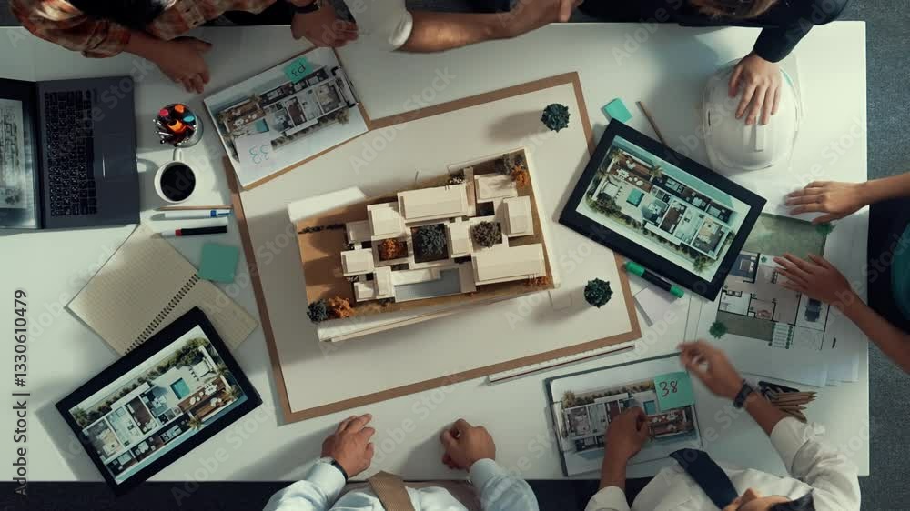 Poster top view of manager shaking hand and clapping hands to celebrate project. aerial view of architect e