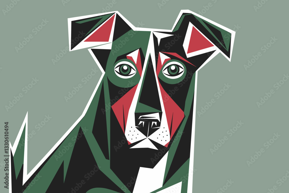 Poster stylized vector illustration of a dog with geometric shapes and a green background color scheme