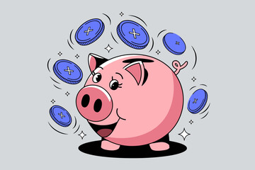 Cartoon illustration of a cheerful piggy bank juggling coins against a light gray background