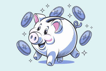 Cheerful cartoon piggy bank surrounded by blue coins representing savings and financial growth.