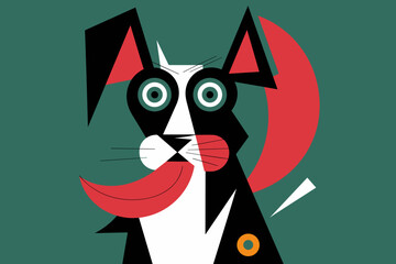 Abstract illustration of a playful dog with geometric shapes, black, white, and red color scheme