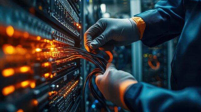 Skilled IT Technician Installing and Securing a High-Speed Network Cable in a Cutting Edge Data Center with Precision and Technological Expertise