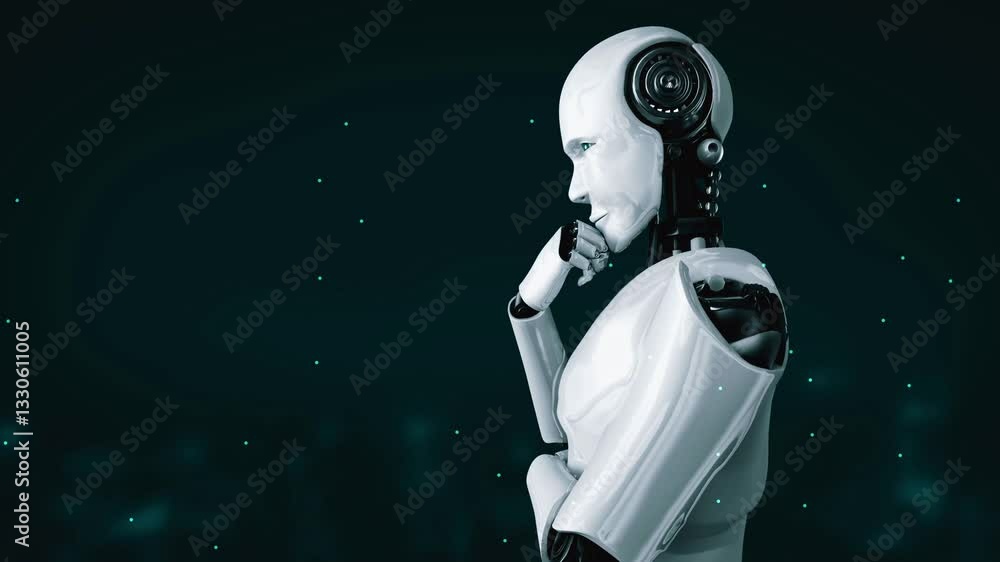 Poster thinking ai hominoid robot analyzing hologram screen showing concept big data analytic using artific