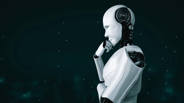 Thinking AI hominoid robot analyzing hologram screen showing concept big data analytic using artificial intelligence by machine learning process. 3D rendering.