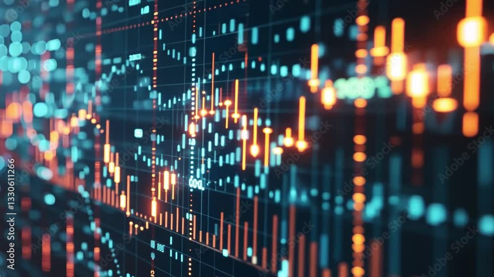 Poster dynamic digital display of financial data with glowing graphs and charts illustrating market trends 