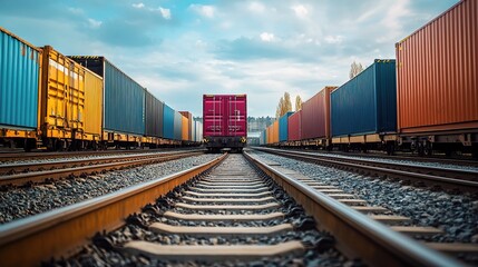 Obraz premium Industrial Warehouse with Freight Cars and Vibrant Container Colors
