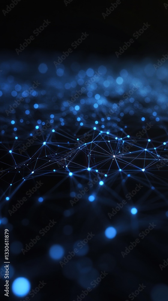 Poster abstract representation of interconnected blue dots and lines, symbolizing digital networks and tech