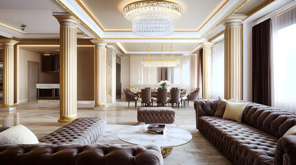 Luxurious Living Room Interior Design with Classic Columns and Elegant Furniture