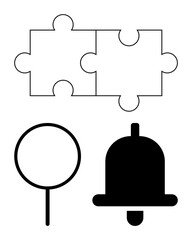 Connected puzzle pieces, magnifying glass, and notification bell represent problem-solving, search, and alerts. Ideal for teamwork, discovery, notifications, strategy communication organization