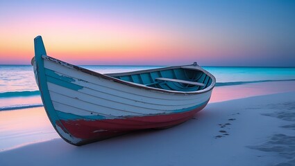 Fototapeta premium Calm Ocean Sunset with Beached Boat