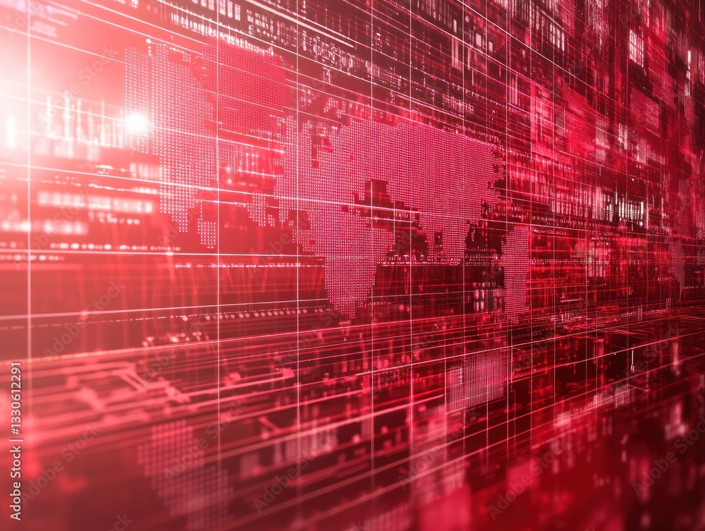 Poster abstract digital world map in red tones with data
