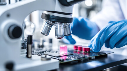 Tech assemblying microchips on motherboard. Engineer in sterile gloves solders electronic components using special tool. Semiconductor manufacturing concept. Modern technology digital engineering