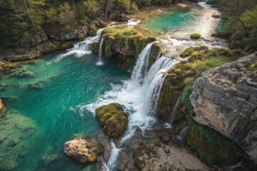 Fototapeta premium Turquoise Waterfall Cascade in Lush Landscape