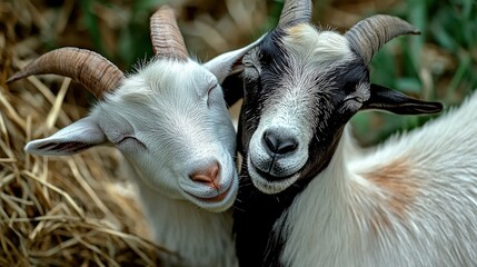 An adorable image of two goats with playful expressions, nestled together in a rural setting, embodying joy and the beauty of animal companionship in nature.