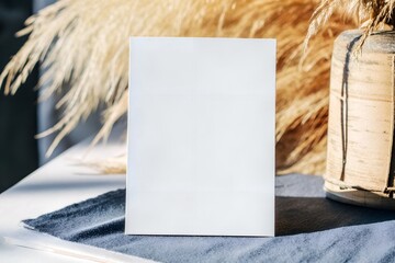 Vertical greeting card mockup. The boho-inspired background with soft lighting and neutral tones creates a warm, elegant aesthetic. Ideal for stationery 