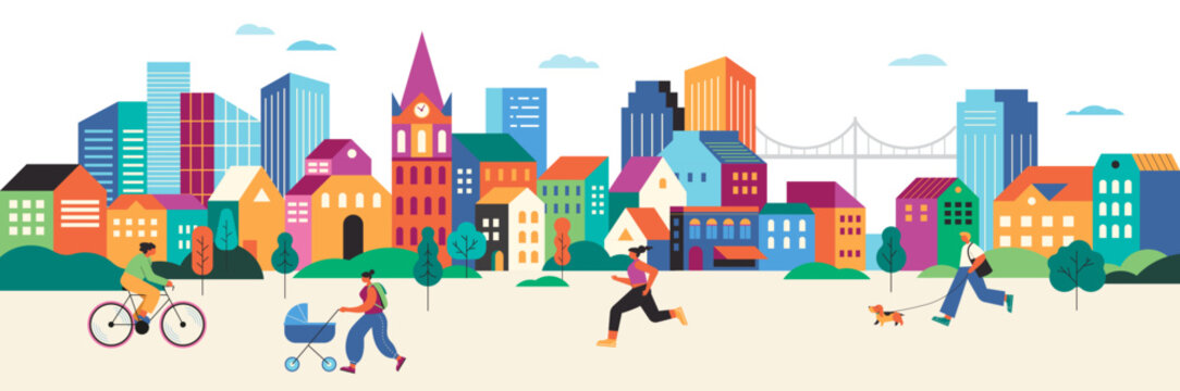 Colorful Urban Public Space. People Walking, Jogging, and Cycling in a City Square.