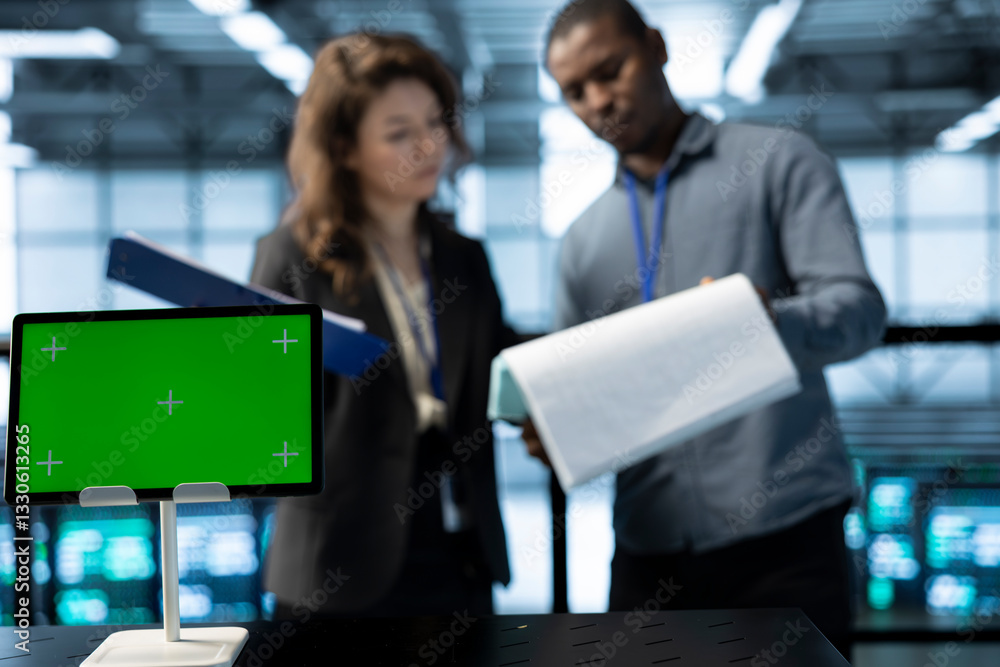 Poster isolated screen tablet in front of inspector next to server room engineer checking documents to ensu