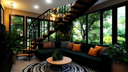 Fototapeta premium The modern, elegant living room's minimalist loft interior design features a neutral green sectional sofa, burnt orange accents, and abstract art.