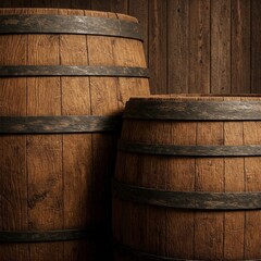 Classic wooden barrels with metal bands, aged finish, stacked in a dimly lit setting