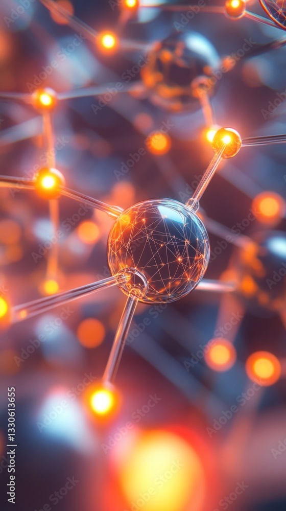 Poster abstract representation of interconnected atoms with glowing nodes, creating a vibrant scientific ba