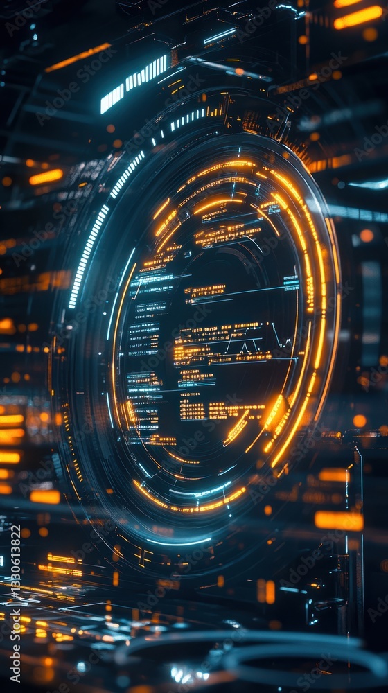 Poster futuristic digital interface displaying data analytics and glowing elements in a high-tech environme
