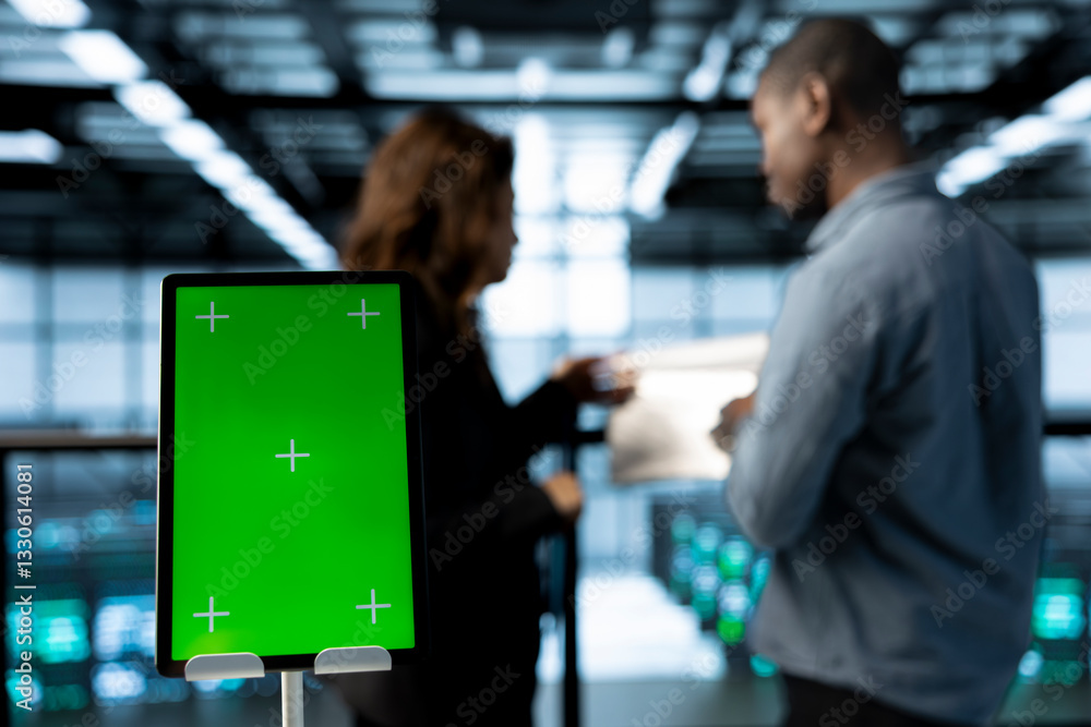 Poster green screen mockup tablet in front of technicians in blurry background working in server farm, anal