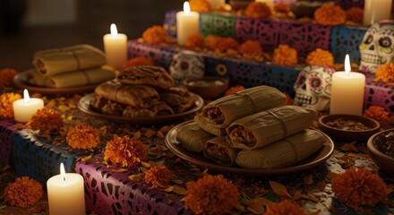 Fototapeta premium Arrangement of Traditional Food, Candles, and Decorative Items for Celebration
