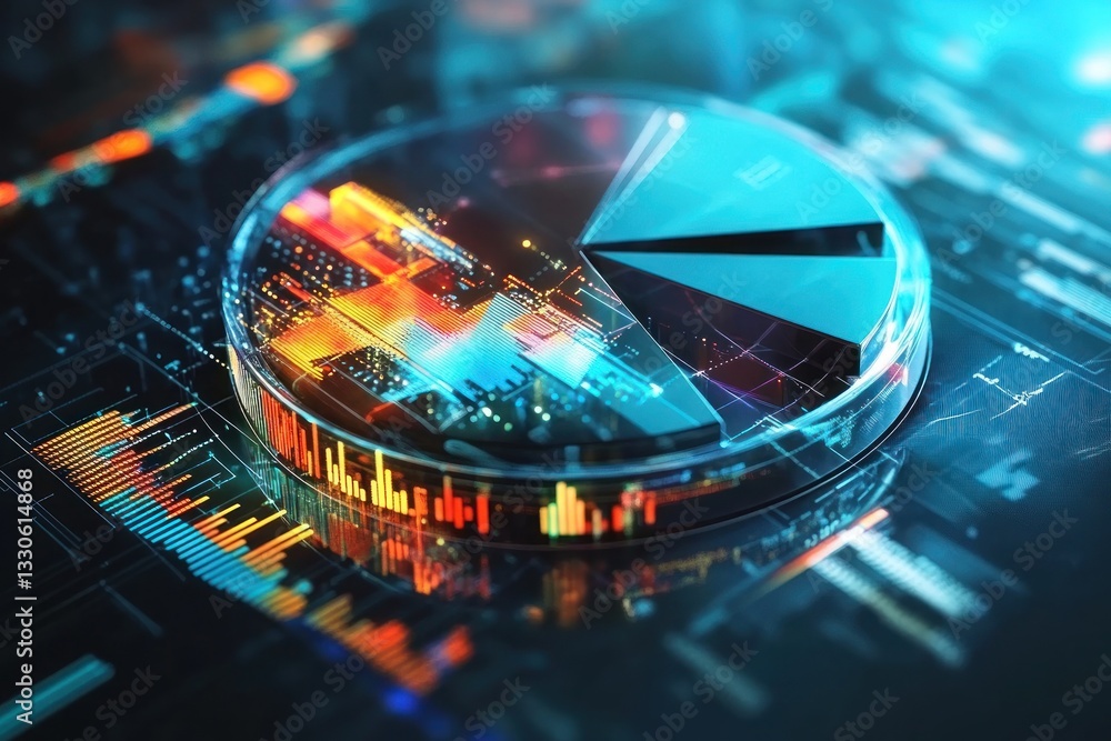Poster vibrant digital pie chart showcasing data analysis with colorful graphs in a futuristic tech environ
