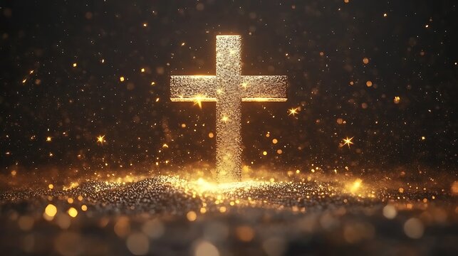 Sparkling golden cross surrounded by glittering particles in dark background
