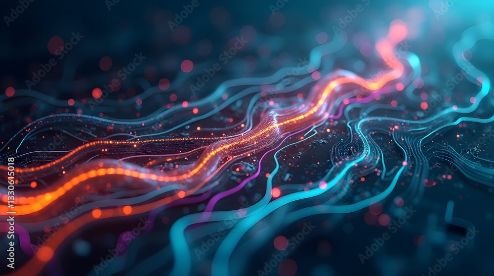 Poster vibrant abstract orange blue data streams futuristic bokeh network digital art lines